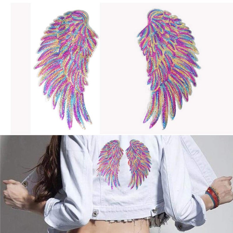 FEEPOP 1 Pair Tuba Fashion Dazzling Angel Wings Sequins Patches for Clothing Iron-on Embroidered Patch Motif Applique DIY Xmas Accessories(11X12 in) - Image 4